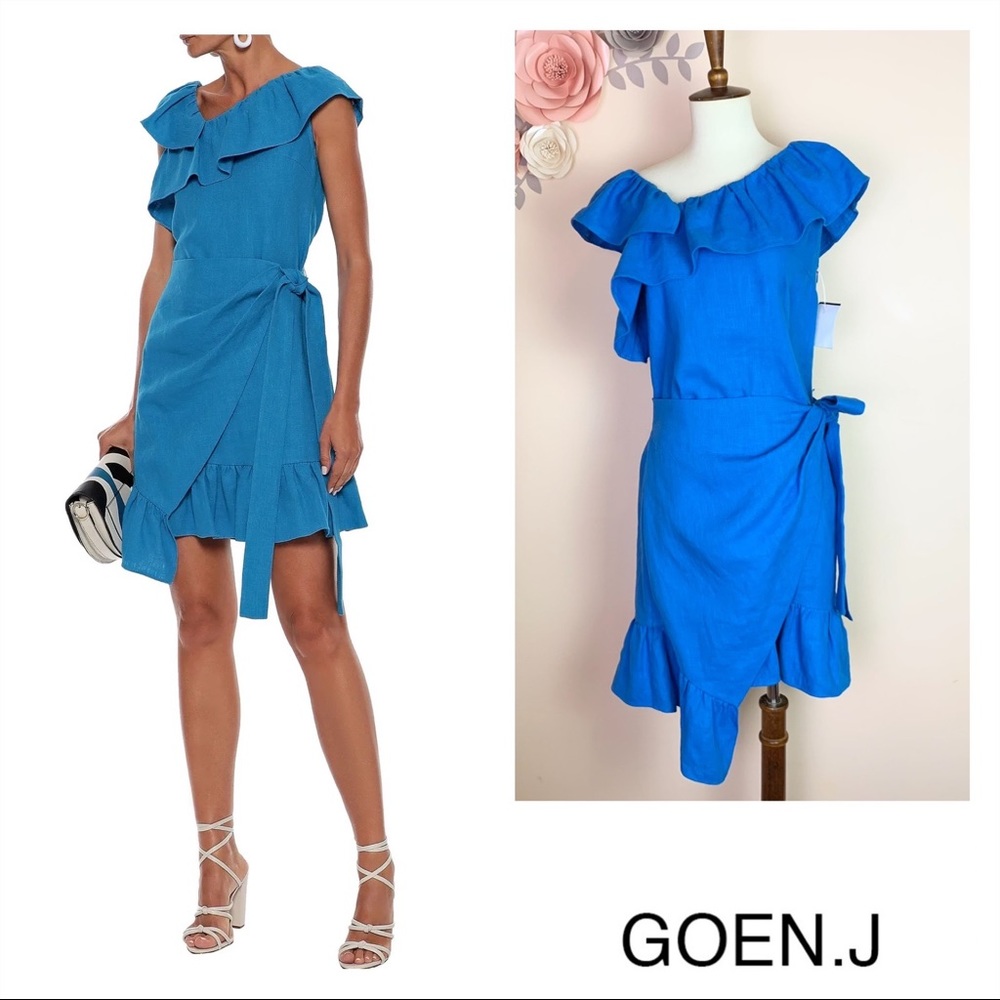 New! GOEN.J Wrap Effect Linen Ruffled Dress in Azure